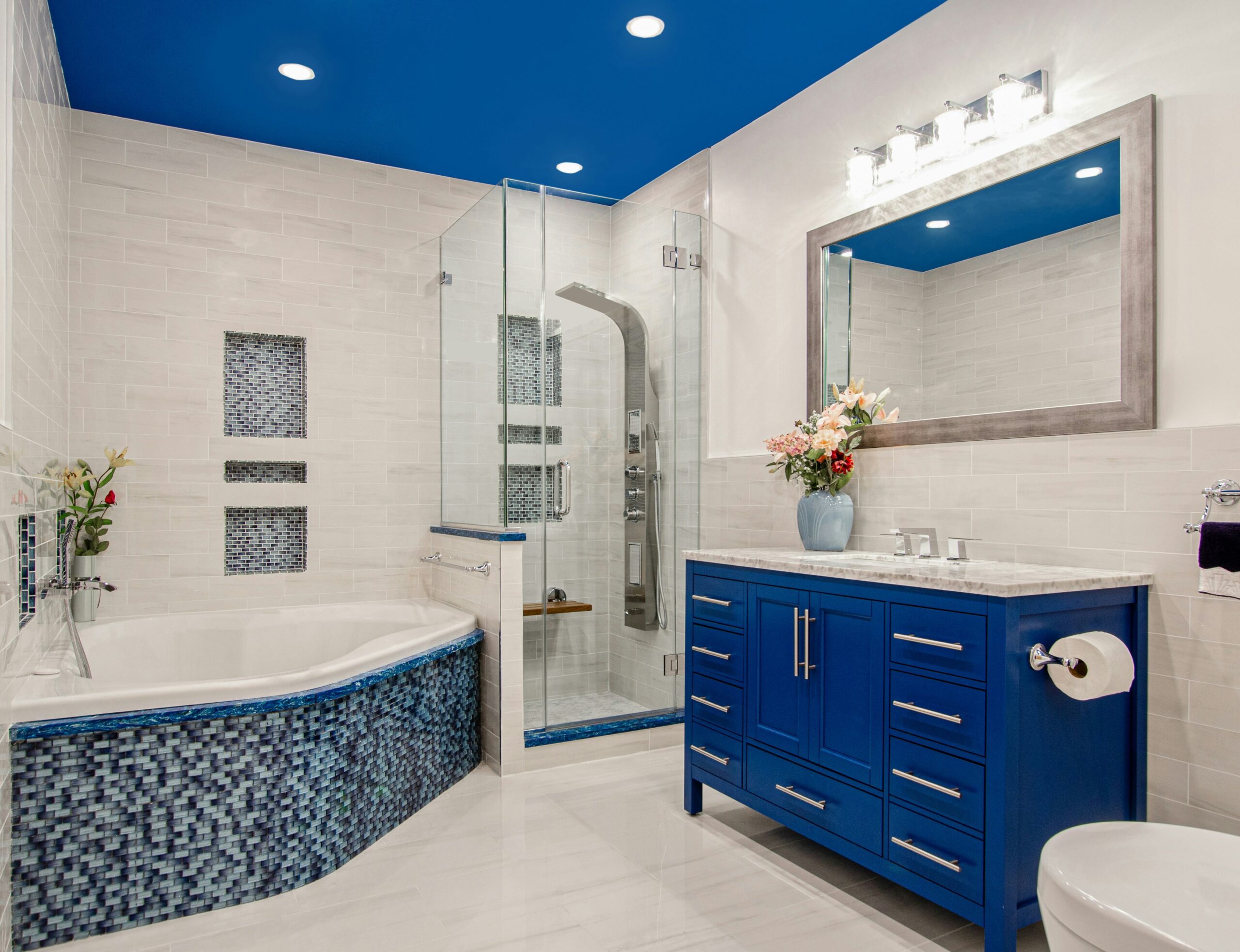 Blue and white bath